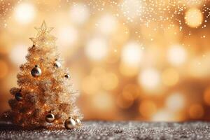 d'oro Natale albero decorato con fronzolo palle su oro colore bokeh festivo luci sfondo. allegro Natale e contento nuovo anno saluto carte. natale notte. inverno vacanza sfondo. generativo ai foto