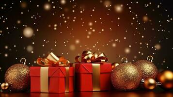 Natale rosso regalo scatola con oro nastro arco e d'oro Natale palla decorazione su rosso sfondo. allegro Natale regalo. contento nuovo anno saluto carta. inverno vacanza natale concetto. generativo ai. foto