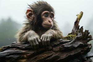 un' bambino scimmia seduta su un' log nel il pioggia generativo ai foto