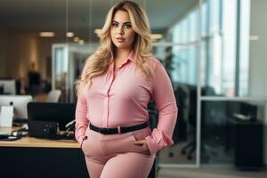 un' bellissimo bionda donna nel un' rosa camicia e pantaloni in piedi nel un ufficio generativo ai foto