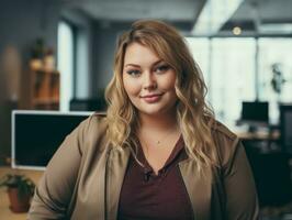 un' bellissimo bionda donna nel un ufficio guardare a il telecamera generativo ai foto