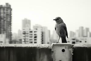 un' nero e bianca foto di un' uccello arroccato su un' ripiano generativo ai