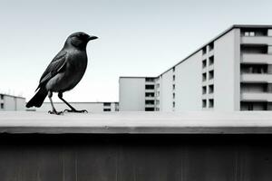 un' nero e bianca foto di un' uccello in piedi su un' ripiano generativo ai