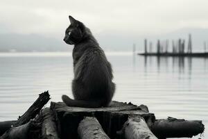 un' nero e bianca foto di un' gatto seduta su un' log generativo ai