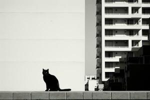 un' nero e bianca foto di un' gatto seduta su il bordo di un' edificio generativo ai