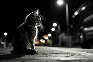 un' nero e bianca foto di un' gatto seduta su il strada a notte generativo ai