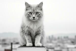 un' nero e bianca foto di un' gatto seduta su superiore di un' edificio generativo ai