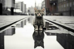 un' nero e bianca foto di un' gatto in piedi su un' pozzanghera generativo ai