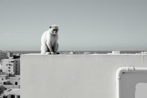 un' nero e bianca foto di un' scimmia seduta su superiore di un' edificio generativo ai