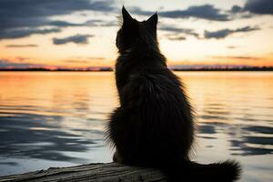 un' nero gatto seduta su un' log generativo ai foto