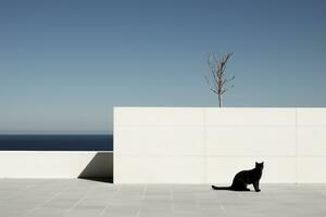 un' nero gatto seduta su un' bianca parete vicino il oceano generativo ai foto