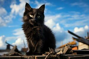 un' nero gatto seduta su superiore di un' mucchio di legna generativo ai foto