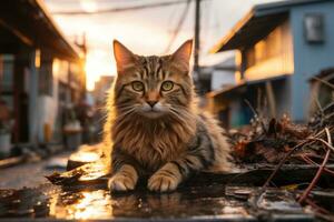 un' gatto è seduta su il terra nel davanti di un' edificio generativo ai foto