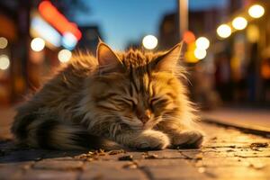 un' gatto posa giù su il strada a notte generativo ai foto