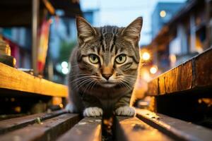 un' gatto è a piedi su un' di legno piattaforma a notte generativo ai foto