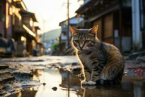 un' gatto seduta nel un' pozzanghera su il strada generativo ai foto