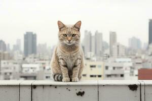 un' gatto seduta su un' ripiano nel davanti di un' città orizzonte generativo ai foto