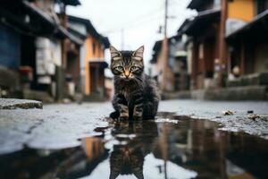 un' gatto seduta su il terra nel un' pozzanghera generativo ai foto
