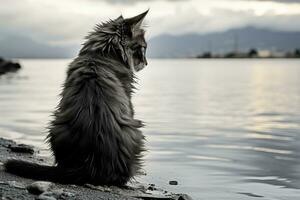 un' gatto seduta su il riva di un' corpo di acqua generativo ai foto