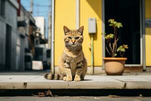 un' gatto seduta su il marciapiede nel davanti di un' giallo edificio generativo ai foto