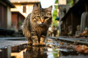 un' gatto a piedi su un' strada con acqua pozzanghere generativo ai foto