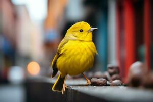 un' vicino su di un' giallo uccello seduta su un' ripiano generativo ai foto