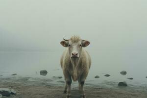 un' mucca in piedi nel davanti di un' corpo di acqua generativo ai foto