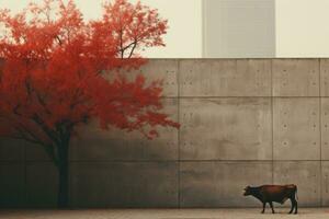 un' mucca in piedi nel davanti di un' albero con un' edificio nel il sfondo generativo ai foto