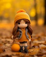 un' uncinetto Bambola indossare un arancia giacca e Tenere un' zucca generativo ai foto
