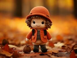 un' uncinetto Bambola indossare un arancia cappotto e cappello sta nel il le foglie generativo ai foto