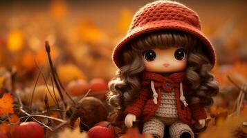 un' carino poco Bambola nel un' rosso cappello e cappotto seduta nel il autunno le foglie generativo ai foto