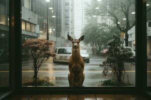 un' cervo è in piedi nel davanti di un' finestra generativo ai foto