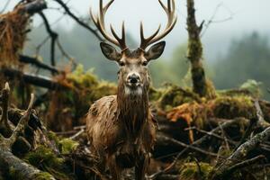 un' cervo è in piedi nel il mezzo di un' foresta generativo ai foto