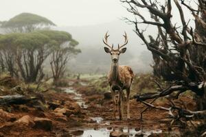 un' cervo è in piedi nel il mezzo di un' foresta su un' nebbioso giorno generativo ai foto