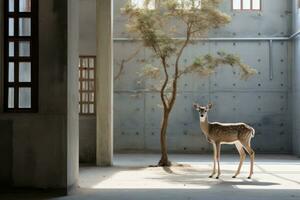 un' cervo in piedi nel un vuoto camera Il prossimo per un' albero generativo ai foto