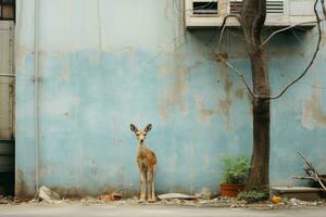 un' cervo in piedi nel davanti di un' blu parete generativo ai foto