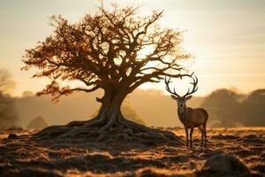 un' cervo sta nel davanti di un' albero a tramonto generativo ai foto