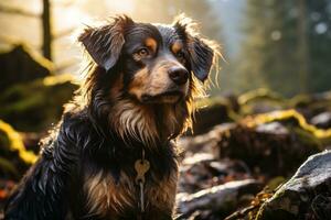 un' cane seduta su il terra nel il boschi generativo ai foto