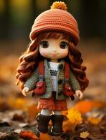 un' Bambola indossare un autunno attrezzatura sta nel il le foglie generativo ai foto