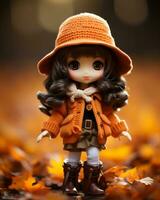 un' Bambola indossare un arancia cappotto e cappello sta nel il autunno le foglie generativo ai foto