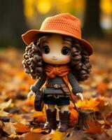 un' Bambola indossare un arancia cappello e Marrone cappotto in piedi nel il le foglie generativo ai foto