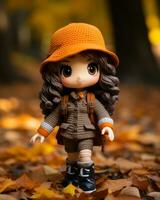 un' Bambola indossare un arancia cappello e Marrone cappotto sta nel il le foglie generativo ai foto