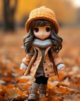 un' Bambola indossare un arancia cappello e cappotto sta nel il le foglie generativo ai foto
