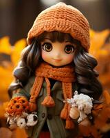 un' Bambola indossare un arancia cappello e Tenere un' mazzo di fiori generativo ai foto