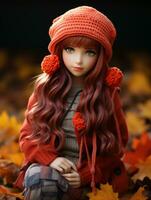 un' Bambola con lungo rosso capelli seduta su il terra nel autunno le foglie generativo ai foto
