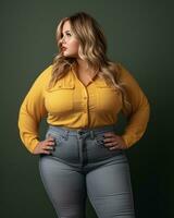 un' più dimensione donna nel un' giallo camicia e jeans generativo ai foto