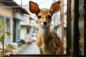 un' piccolo cervo guardare su un' finestra nel un urbano la zona generativo ai foto
