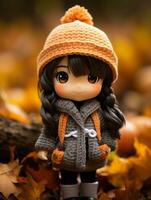 un' piccolo Bambola indossare un arancia cappello e grigio cappotto in piedi nel davanti di un' mucchio di caduto le foglie generativo ai foto