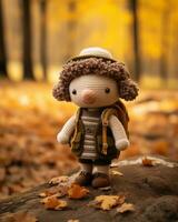un' piccolo a maglia Bambola in piedi nel il mezzo di un autunno foresta generativo ai foto