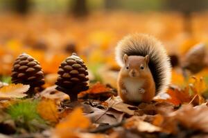 un' piccolo scoiattolo è in piedi nel il mezzo di autunno le foglie generativo ai foto